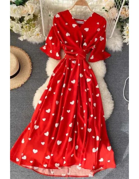 Romantic Heart Print Dress Women V Neck High Waist Long Bandage Dress Ladies Fashion Party Dresses