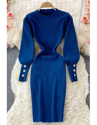 Women Dress Fashion Elegant Puff Sleeve Slim Elastic Knitted Sweater Dress