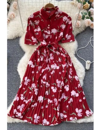 Elegant Dress Women Fashion Floral Print Pleated Long Dress