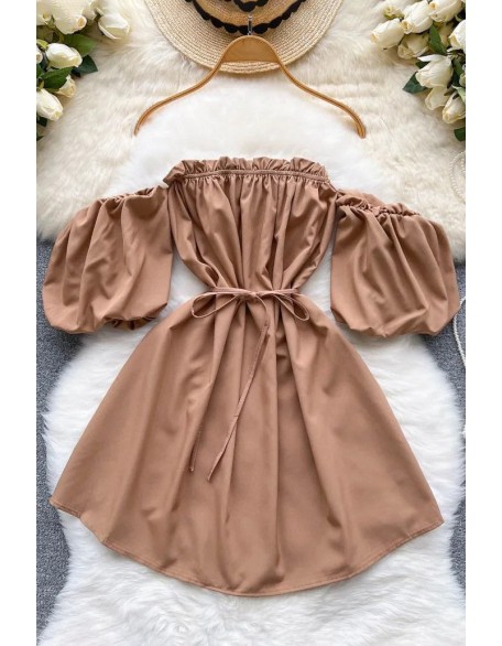 Fashion Off Shoulder Puff Sleeve Mini Dress Solid Color Lace-up Women Dress