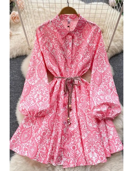 Fashion Long Sleeve Lace-up Shirt Dress Casual Print A-line Short Dress