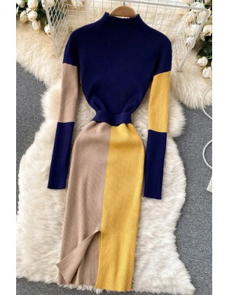 Women Dress Elegant Color Patchwork Knitted Sweater Dress With Belt