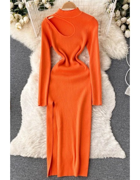 Women Dress Long Sleeve Slim Knitted Sweater Dress Hollow Out High Split Long Dress