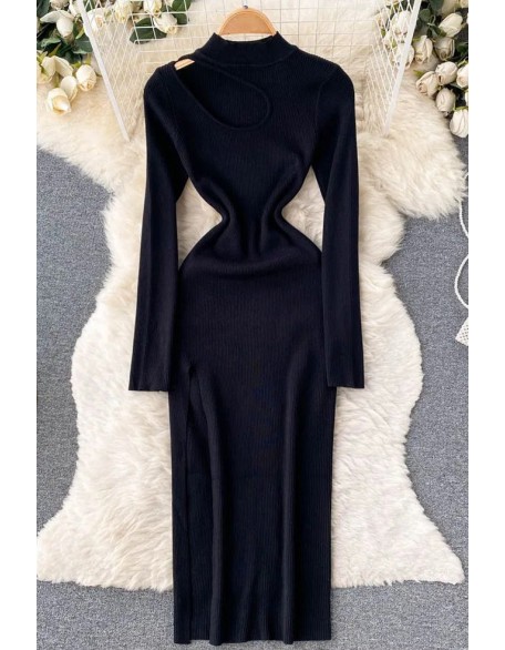 Women Dress Long Sleeve Slim Knitted Sweater Dress Hollow Out High Split Long Dress