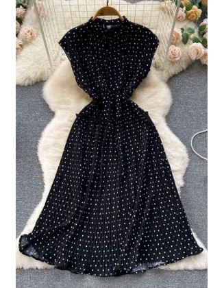 Women Dress Elegant Polka Dot Print Sleeveless High Waist Long Pleated Dress