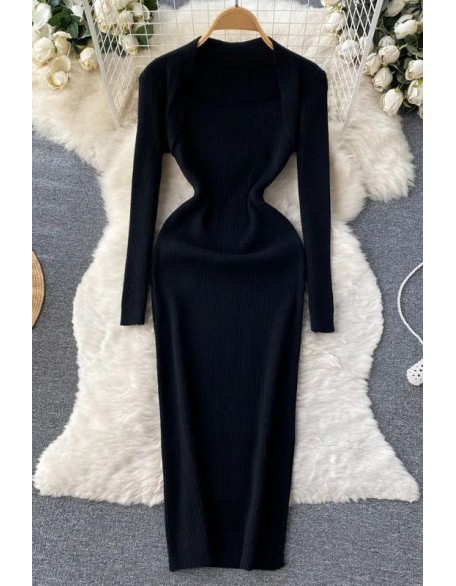 Elegant Women Dress Square Collar Knitted Bodycon Long Dress