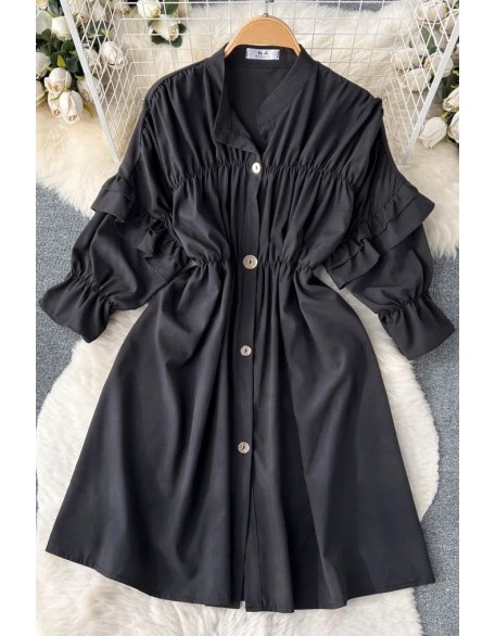 Fashion Women Dress Chic Elegant Puff Sleeve Casual Shirt Dress