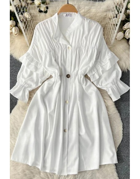 Fashion Women Dress Chic Elegant Puff Sleeve Casual Shirt Dress