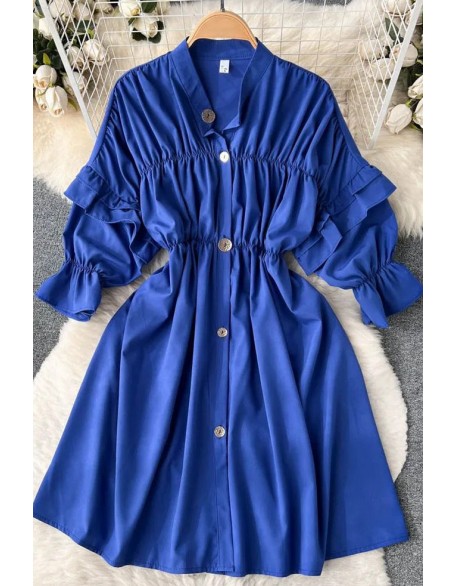 Fashion Women Dress Chic Elegant Puff Sleeve Casual Shirt Dress