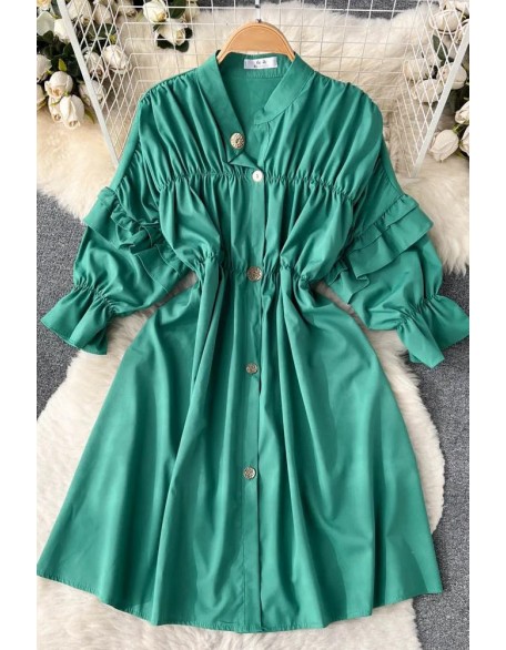 Fashion Women Dress Chic Elegant Puff Sleeve Casual Shirt Dress