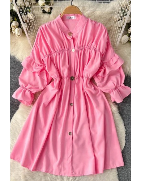 Fashion Women Dress Chic Elegant Puff Sleeve Casual Shirt Dress