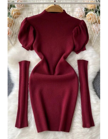 Fashion Clothes Women Puff Sleeve Knitted Bodycon Robe Dresses