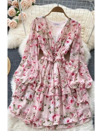 Women Dress Fashion V-neck Buttons Corset Floral Print Short Chiffon Dress