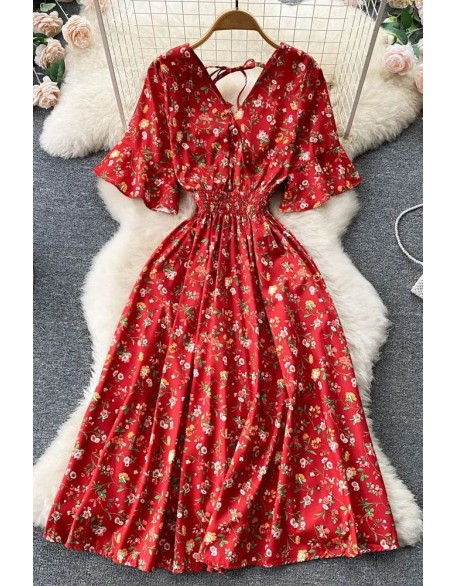 Fashion Floral Print Romantic Women Dress Slim Elastic Waist Long Dress