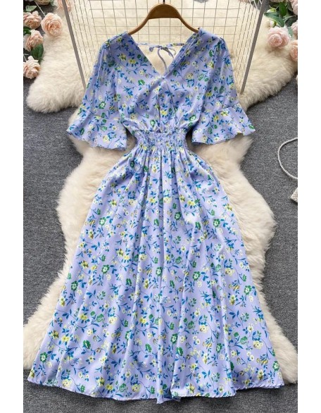 Fashion Floral Print Romantic Women Dress Slim Elastic Waist Long Dress