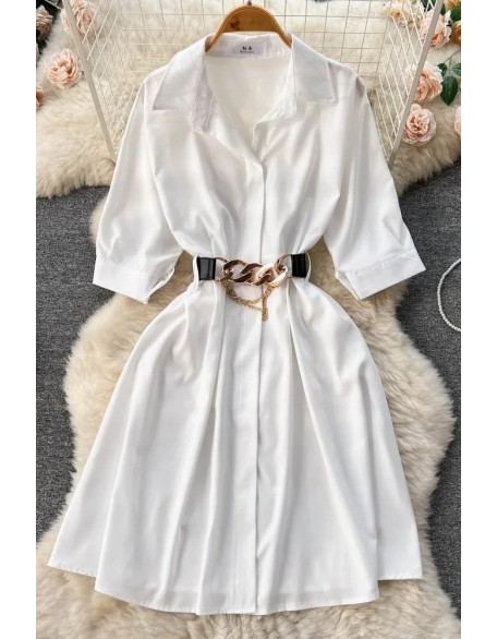 Elegant Women Dress Vintage Turn-down Collar Casual A-line Shirt Dress