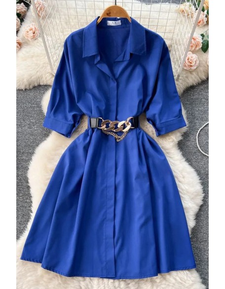 Elegant Women Dress Vintage Turn-down Collar Casual A-line Shirt Dress