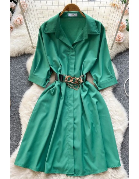 Elegant Women Dress Vintage Turn-down Collar Casual A-line Shirt Dress