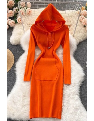 Women Knitted Dress Hooded Buttons Bodycon Sweater Dress