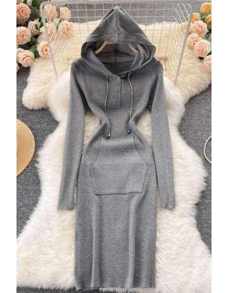 Women Knitted Dress Hooded Buttons Bodycon Sweater Dress