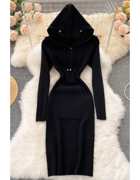 Women Knitted Dress Hooded Buttons Bodycon Sweater Dress