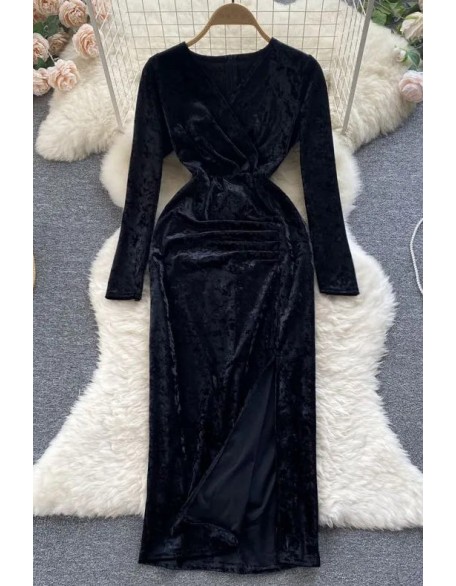 Luxury Solid Velvet Long Dress Retro Vintage V-neck High Split Elegant Party Dress for Women Dress