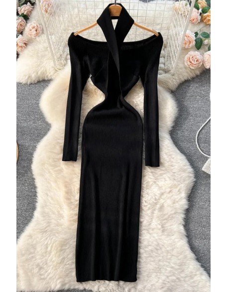 Elegant Cross Knitted Bodycon Dress Women Slim Elastic Long Sleeve Sweater Dress