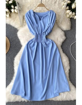 Dress Women Casual Elastic Waist Long Dress Fashion A-line Sleeveless Robe Femme Dress