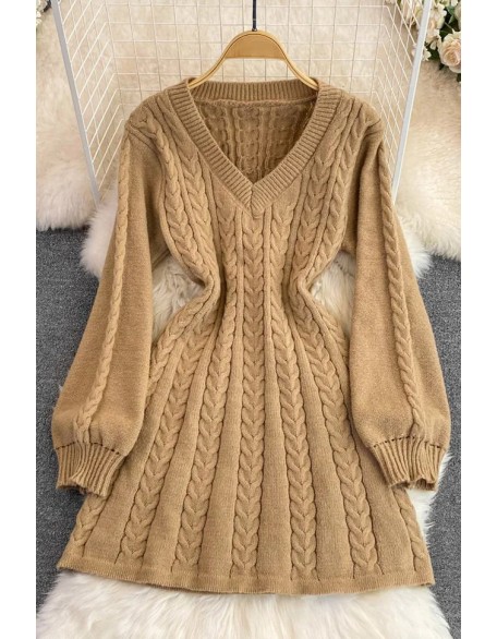 Fashion Knitted Women Dress Elegant Long Puff Sleeve A-line Short Dress Female Sweater Robe Femme Dress