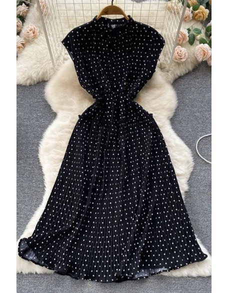 Women Dress Elegant Polka Dot Print Sleeveless High Waist Long Pleated Dress