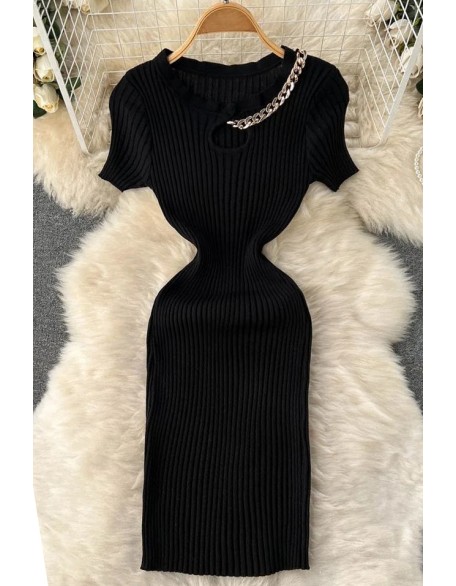 Fashion Women Hollow Out Sexy Elastic Mini Dress Chains O-neck Design Knitted Dress