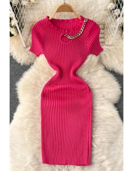 Fashion Women Hollow Out Sexy Elastic Mini Dress Chains O-neck Design Knitted Dress