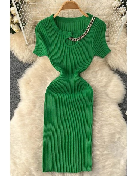 Fashion Women Hollow Out Sexy Elastic Mini Dress Chains O-neck Design Knitted Dress