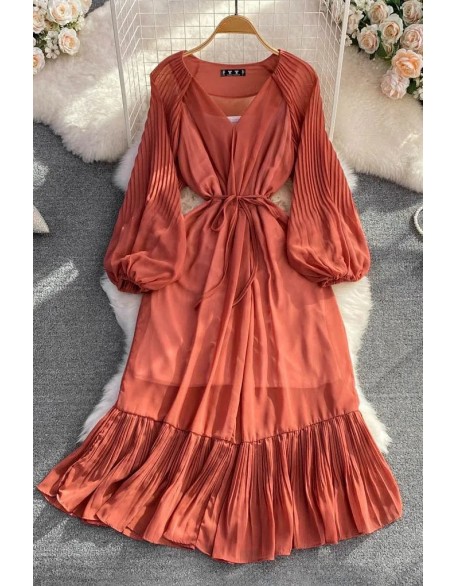 Women Dress Fashion Elegant Lace-up Ruffled Long Dress Lantern Sleeve Party Vestidos Dress