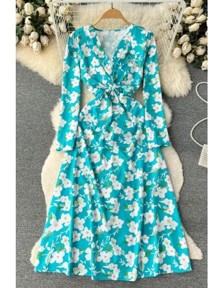 Fashion Floral Print Full Sleeve Long Dress Women Elegant High Waist A-line Party Vestidos Dress