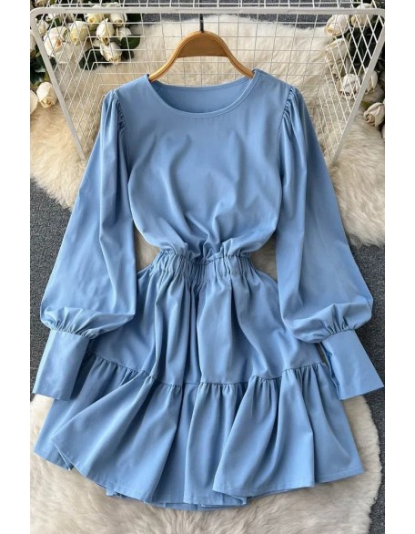 Women Fashion Slim Waist Short Dress Casual Long Sleeve A-line Female Dresses