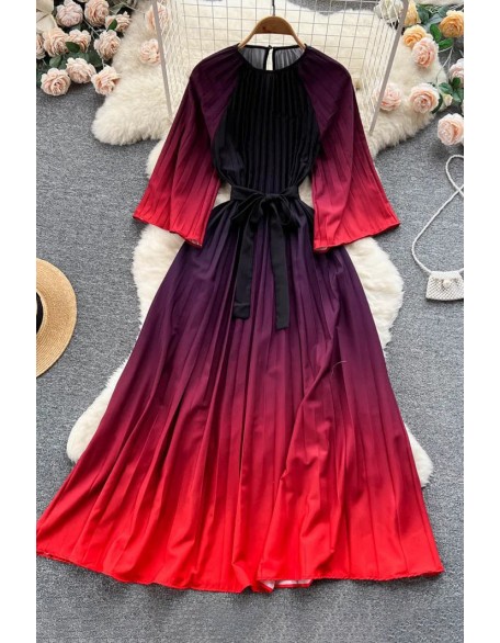 Luxury Gradient Long Dress Women Casual O-neck Lace-up Dress