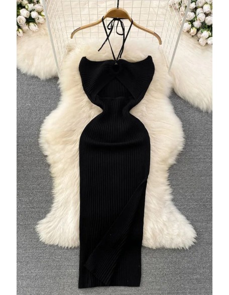 Women Dress Knitted Strapless Wrap Hips High Split Bodycon Dress