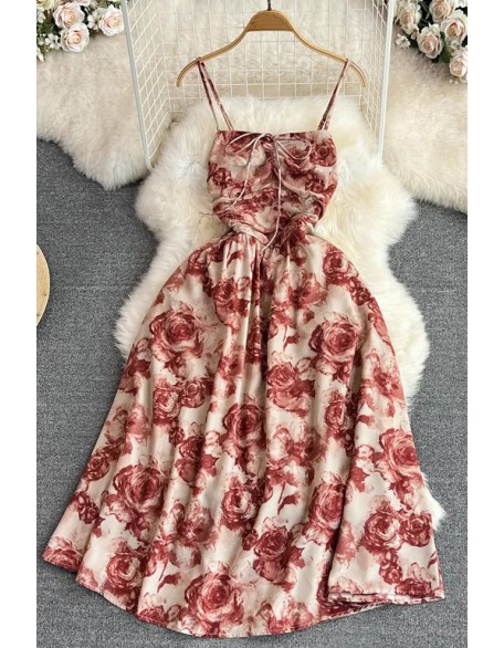 Romantic Rose Print Strap Dress Vintage High Waist Big Swing Long Party Dress