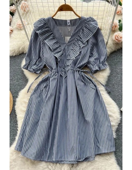 Women Fashion Ruffled V-neck Slim Waist Stripes Print Short Dress Elegant Puff Sleeve Dress