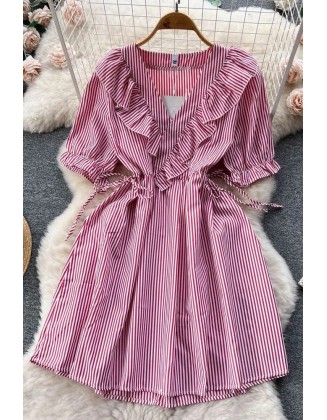 Women Fashion Ruffled V-neck Slim Waist Stripes Print Short Dress Elegant Puff Sleeve Dress