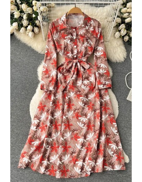 Fashion Colorful Floral Print Full Sleeve Shirt Dress Casual All Match Long Dress