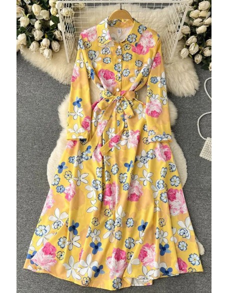 Fashion Colorful Floral Print Full Sleeve Shirt Dress Casual All Match Long Dress