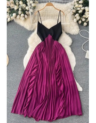 Fashion Color Patchwork Pleated Dress Women Ruffles Straps Long Dress