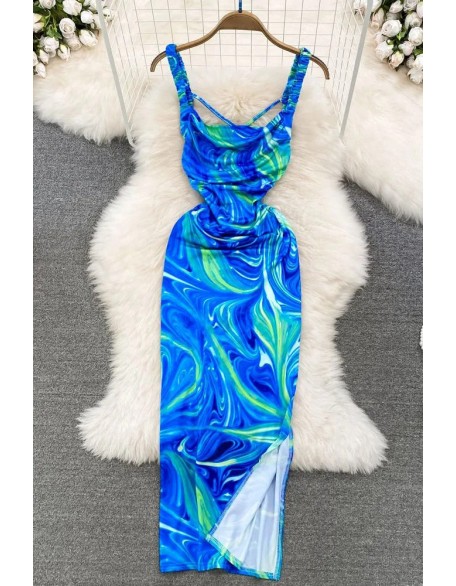 Fashion Women Colorful Print Straps Long Dress Vacation Sexy Bodycon Party Dress