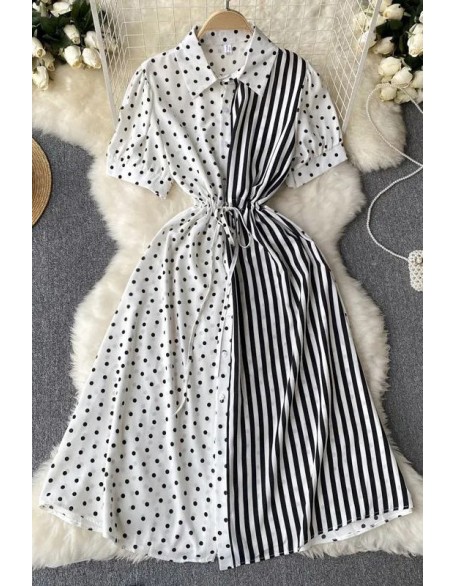 Women Dress Casual All Match Patchwork Dots and Stripes Print Shirt Dress Fake Two Piece Set