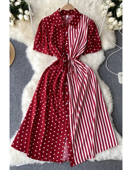 Women Dress Casual All Match Patchwork Dots and Stripes Print Shirt Dress Fake Two Piece Set