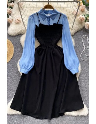 Women Casual A-line Fake Two Piece Set Shirt Dress Elegant Party Dress