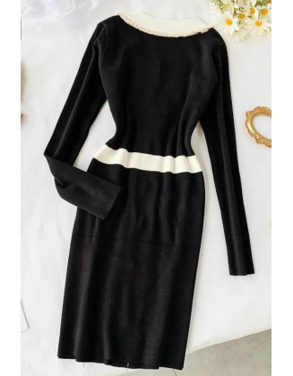 Women Elegant Knitted Dress Fashion Long Sleeve Dress Ladies V Neck Office Dress