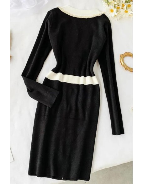 Women Elegant Knitted Dress Fashion Long Sleeve Dress Ladies V Neck Office Dress